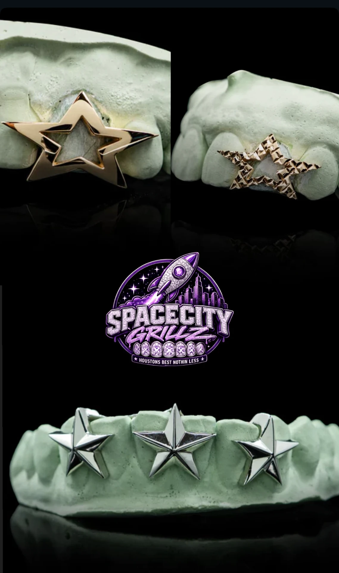 Star-shaped gold and silver grillz on dental molds — single and three-tooth star sets