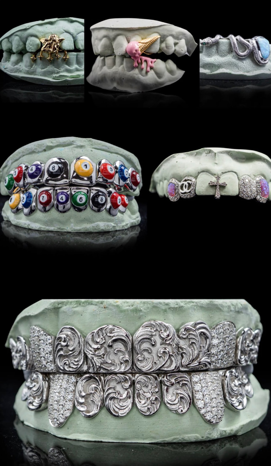 Collage of six custom grillz sets on dental casts — cherub with star charms, ice-cream cone, snake, billiard-ball set, opal and diamond pieces, and a filigree scrollwork full set